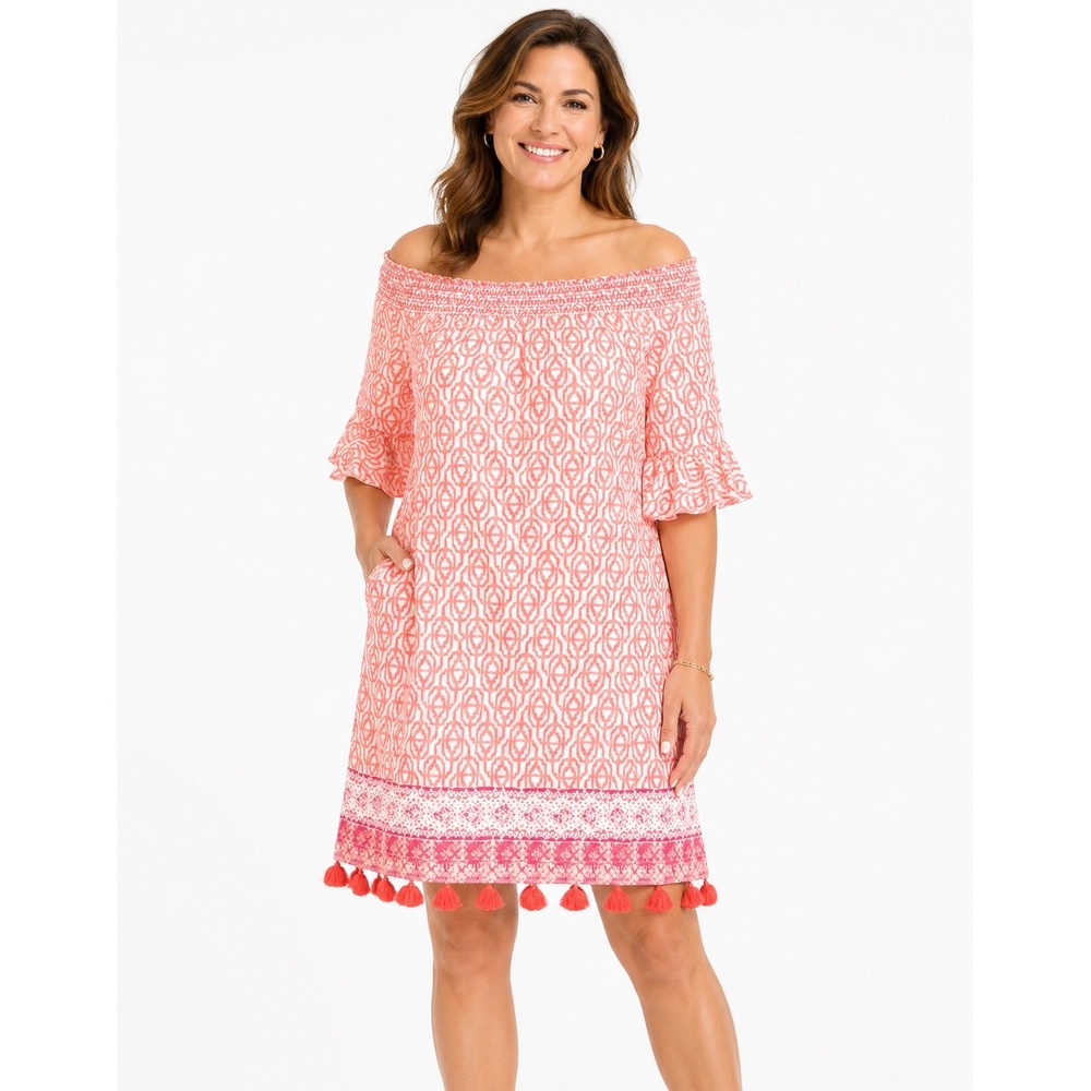 Cabana Life Womens Coral Geometric Off Shoulder Tassel Dress UPF 50+ Large NEW